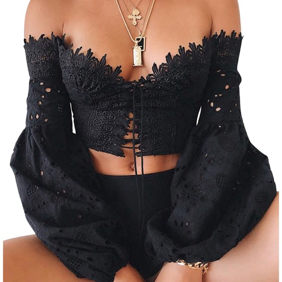 Off Shoulder Lace Up Crop Top - Picture 4 of 6